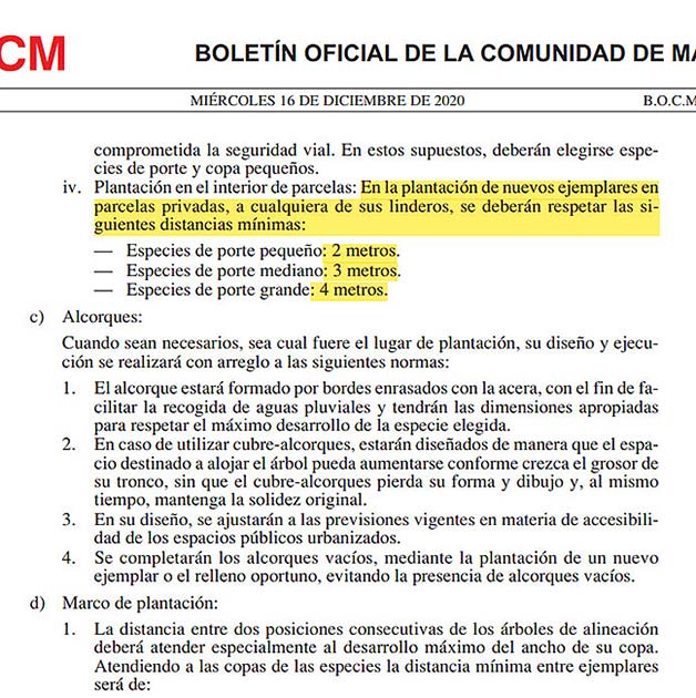 BOCM sobre la distancia de los arboles a la valla medianera